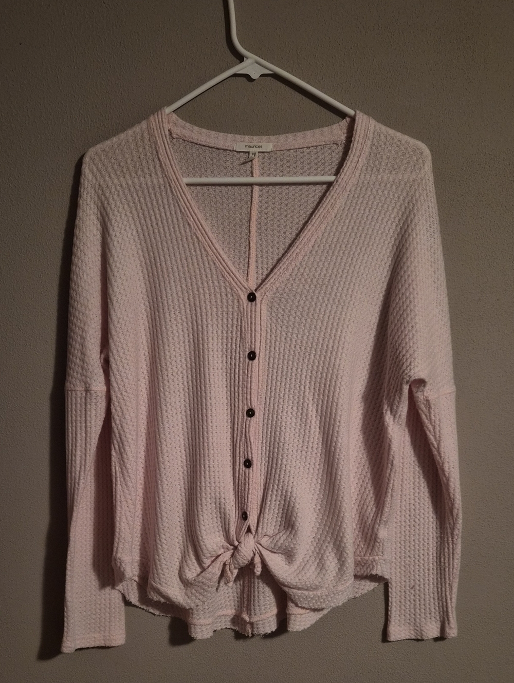 Maurices Light Pink Waffle-Knit V-Neck Button-Front Sweater
